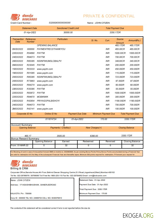 Relevé bancaire indien de la Bank of Baroda BOBCARDS